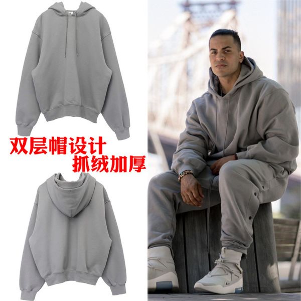 

muscle brother fog co branded pullover sports sweater fashion men's fitness clothes double hat winter loose sweater, Black