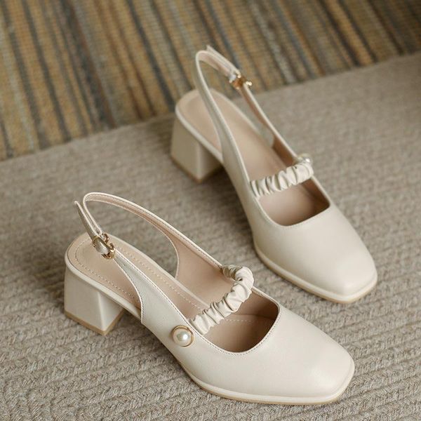 

dress shoes buckle back strap sandals women fashion chunky heels pleated square toe pumps shallow slides spring summer zapatos mujer, Black