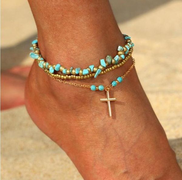 

fashion gold beads natural stone cross drop anklets set for women girls boho leg bracelet foot jewelry wholesale, Red;blue