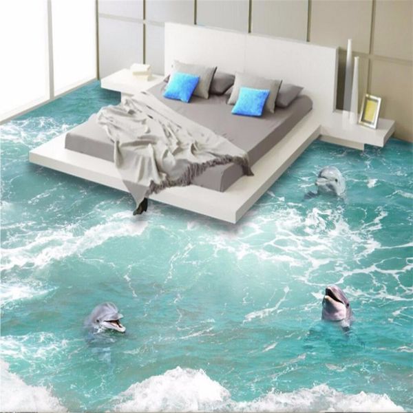 

custom self-adhesive home decoration floor living room bedroom bathroom wallpaper mural Dolphin Ocean 3D Floor, Blue