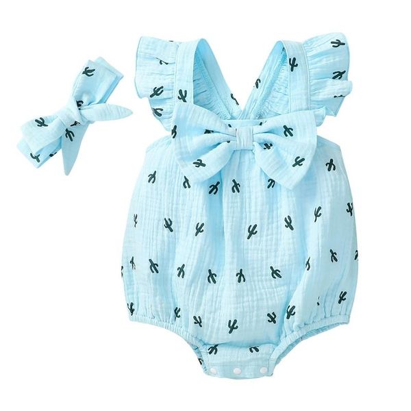 

rompers summer baby girls cactus print romper + bow headband cotton short sleeveless infant bodysuit, Blue