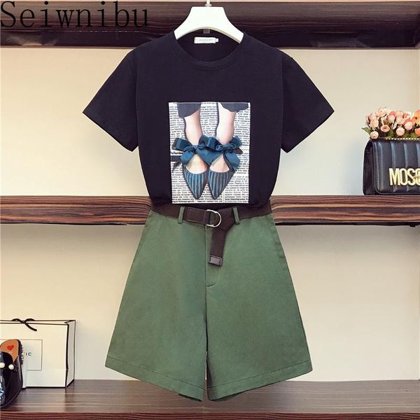 

funny print korean style black t shirt shoes pattern appliques bow tshirt and with belt high waist shorts 2 piece set women, Gray