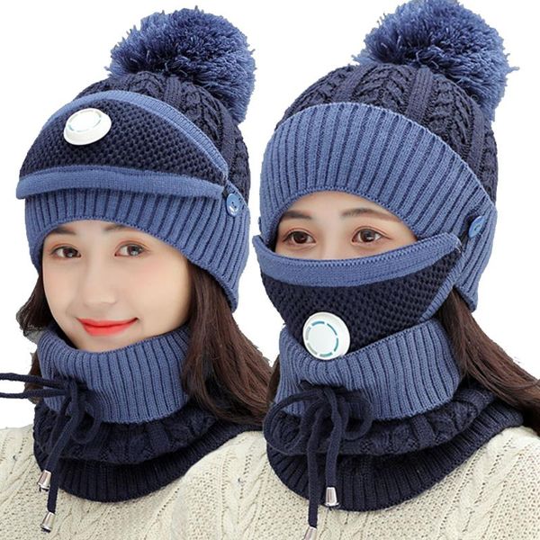 

2021 knitted hat warm cap winter hats for women outdoor riding sets hat with mask scarf warm knitted casual beanie, Blue;gray