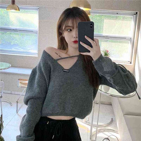 

woman sweaters pull hiver autumn and winter off-the-shoulder short lace-up knitted sweater for women femme chandails, White;black