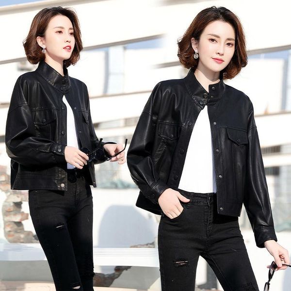 

women's leather & faux blazer women jacket short foreign style spring and autumn 2021 korean loose fashion stand collar motorcycle, Black