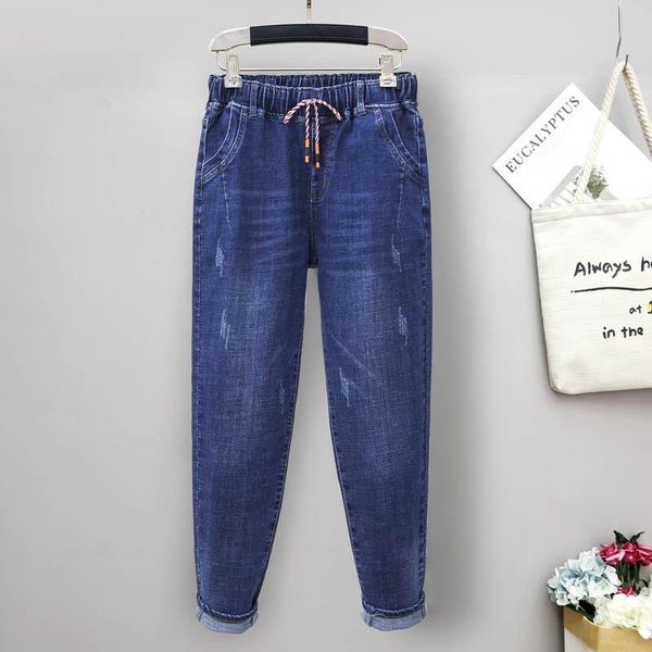 

5xl 100kg large size loose casual women elastic waist jeans female solid color denim pant office lady new stretchy harem trouser, Blue