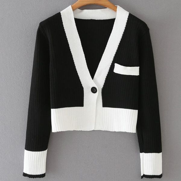 

women's knits & tees 2021 autumn women casual short slim fit knitted white black patchwork sweater office lady chic v neck thin cardiga