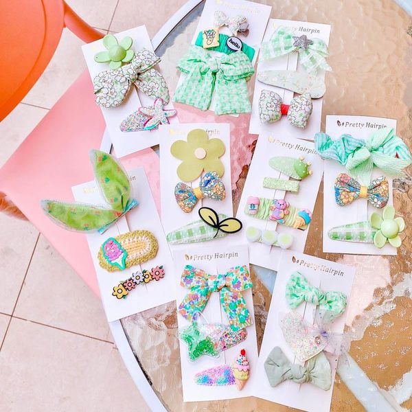

hair accessories green series fashion geometric clips summer sweet fabric floral bowknot barrettes children's baby hairpin set, Slivery;white