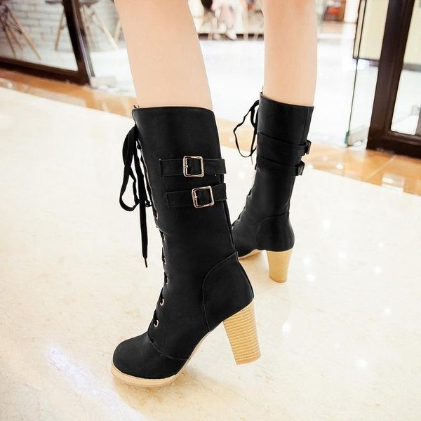 

boots high british belt buckle cross strap tube thick heel women's, Black