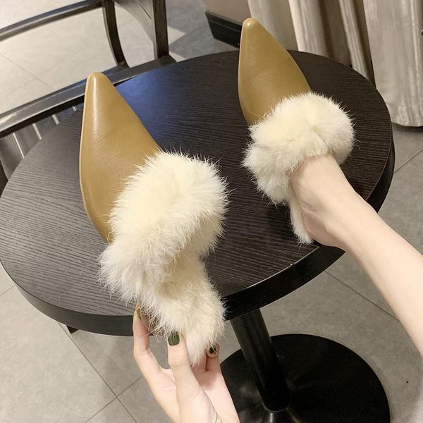 

slippers casual square heel female shoes slides shallow pointed toe fur flip flops low mules for women 2021 luxury block new plu, Black