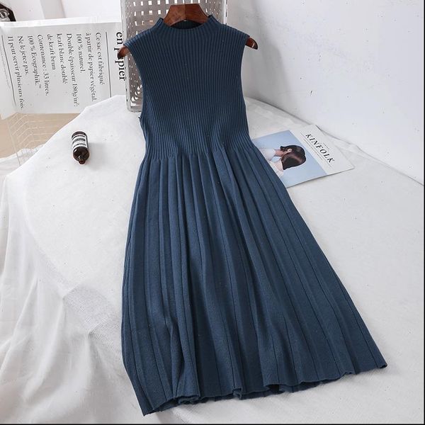 

2021 new fashion womens knitted dresses retro high neck long sleeveless knitting sweater dress drop shipping, Black;gray