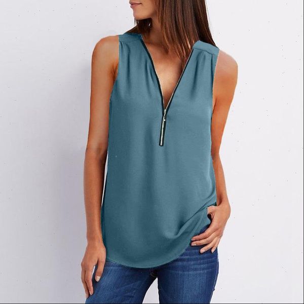

women summer solid color sleeveless chiffon blouse female black zipper loose shirts elegant casual plus size shirt blouse, White