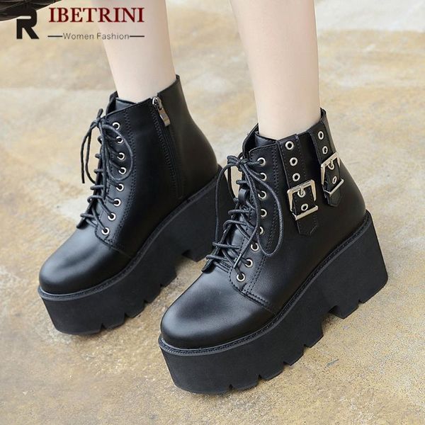 

boots ribetrini arrival women punk platform buckle ankle shoes autumn 2021 casual, Black