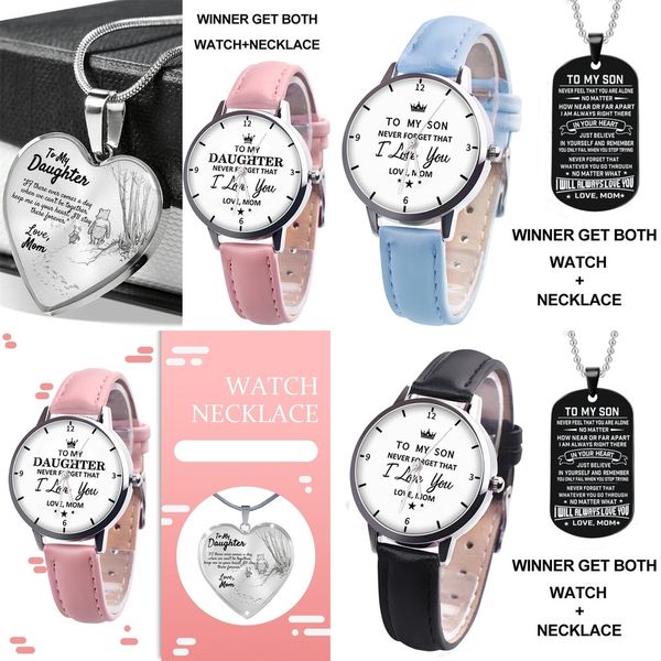 

2021 trend children's watch kids students pu belt quartz watch with necklace 2 piece set 2021 father's mother's day gifts g21, Blue
