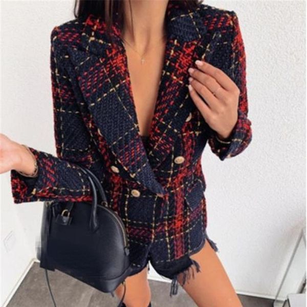 

women's wool & blends tilorraine 2022 plaid sweater tweed coat jacket woolen cloth office lady winter women plus size, Black