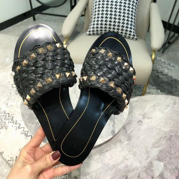 

fashion braid women slippers flats summer shoes woman, Black
