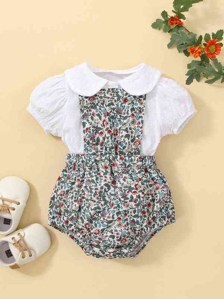 

baby swiss dot puff sleeve & floral print bodysuit she, White