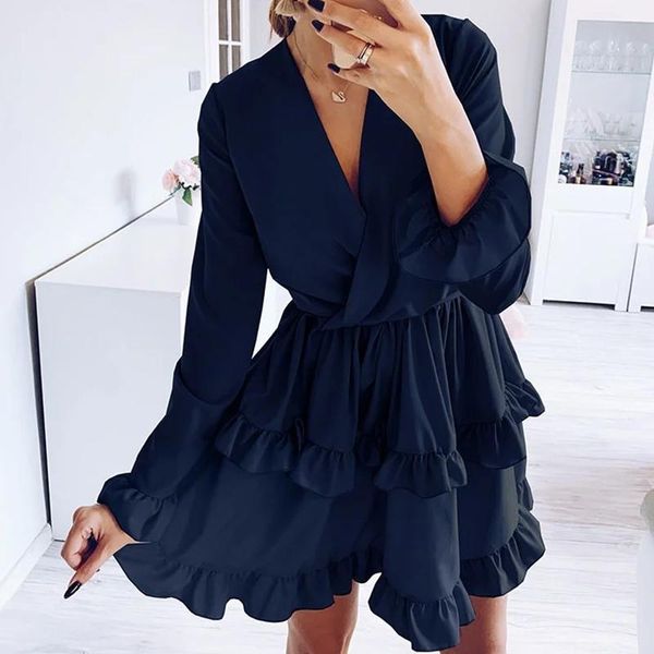 

casual dresses arrived flared sleeves ruffles v neck dress women spring autumn long sleeve a-line solid sashes mini, Black;gray