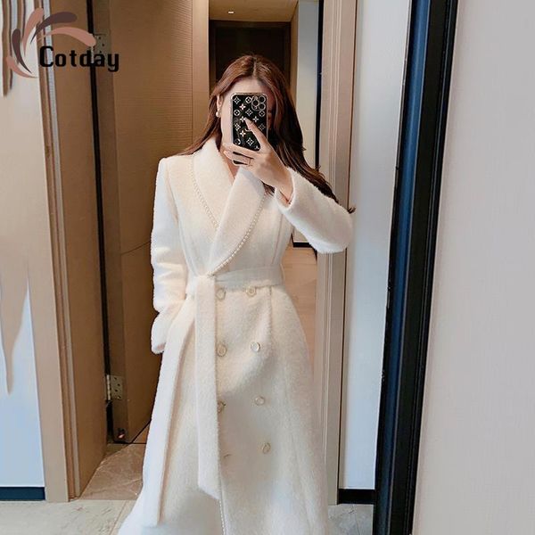 

women's wool & blends cotday white 2021 autumn and winter coat belt cultivate one's morality contracted long women temperament woo, Black