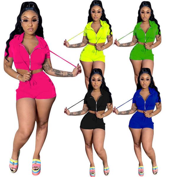 

women tracksuit 2 piece set zipper hooded short sleeve and high waist shorts suits fashion solid female casual street sets 210527, White