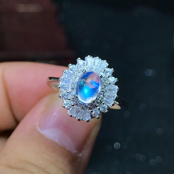 

cluster rings 925 silver natural blue moonstone lady ring glass quality is good, Golden;silver