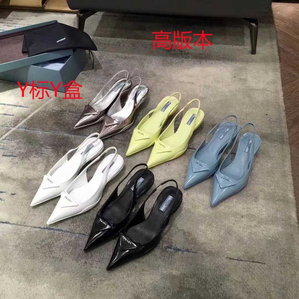 

2021 new triangle label cat heel sandals women's p family spring and summer new middle heel french back single shoes zlh, Black