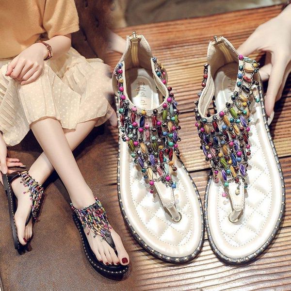 

bohemian beaded sandals women summer 2021 joker tide bear flat bottom pinch toe sandals women's shoes platform sandalias mujer, Black