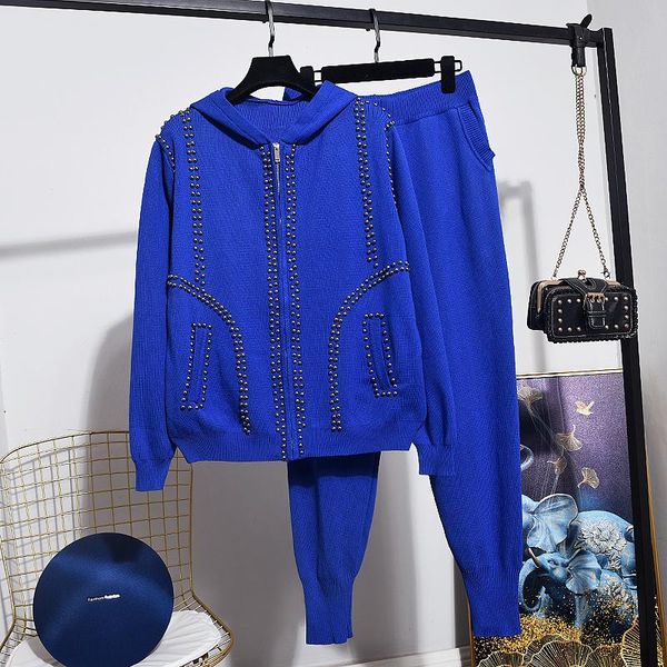 

women's two piece pants beading hooded knit tracksuit set women korean fashion loose blue purple black zipper cardigan sweater long out, White