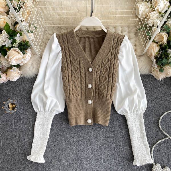 

2021 Spring New Arrivals Solid Color V-neck Puff Single Sleeve Breasted Thin Vintage Cardigan Sweater 46fe, White;black
