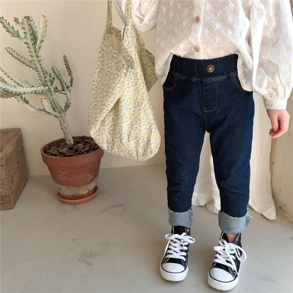 

korean style spring baby girl elastic slim jeans fashion soft denim pants for girls 2021 new kids casual all-match trousers, Blue