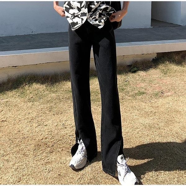 

women's pants & capris flare jeans women denim high waisted slit leg vintage streetwear bell bottom fashion korean clothes cut out full, Black;white