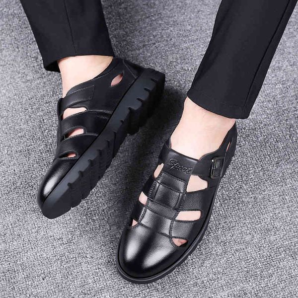 

slippers 2021classic summer genuine leather outdoor comfortable shoes flat non-slip men beach sandals man hiking sport 3lkh, Black