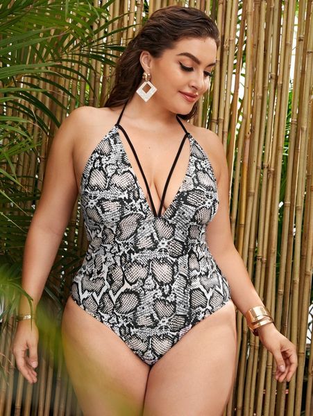 

plus snakeskin print one piece swimsuit v1sz#, Black