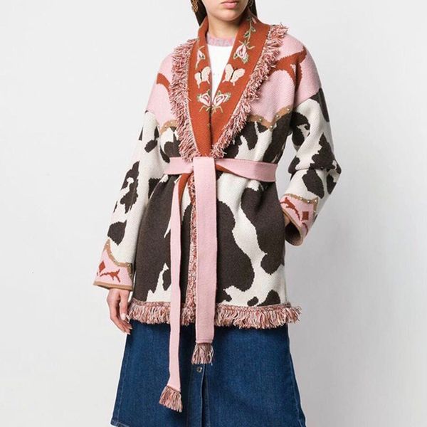 

2021 new retro nation embroidered tassel coat autumn winter sweater cardigan thick loose knitwear outerwear overcoat nfg7, White;black