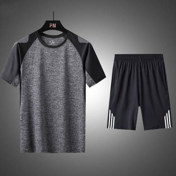 

outdoor quick drying sports men's short sleeve shorts ice lovers sportswear oversize loose two piece suit, Gray