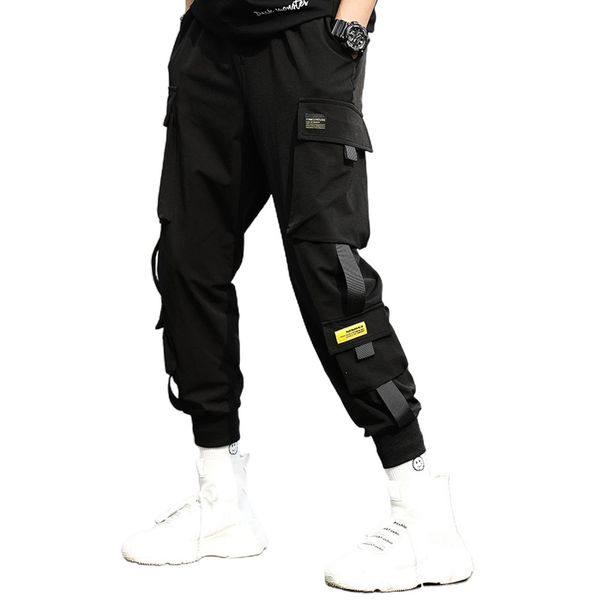 

multi pockets pants men's workwear trousers casual elastic waistband ankle tied pockets cargo pants drawstring trousers c0222, Black