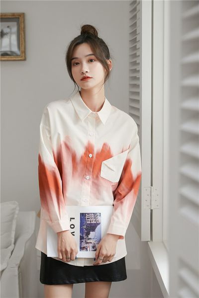 

new tie dye 2021 designer women long sleeve and blouse button up collar shirt white contrast color korean fashion 759b