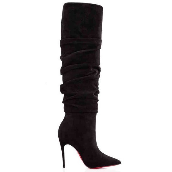 

woman beautiful long boots red bottom heels boot botta suede genuine leather tall black,luxury soles red and pointed toe