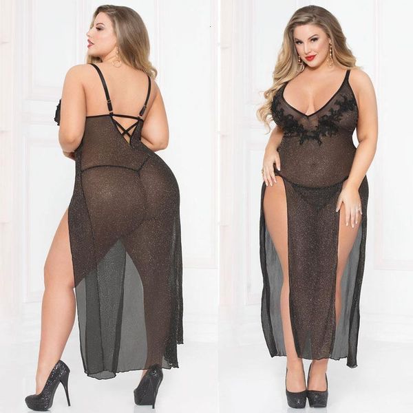 

sleeping dress for women lace long lingerie embroidery night dress deep v open back plus size fat mm black sleepwear, Black;red