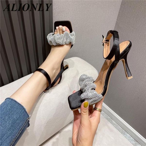 

sandals alionly dress silver pleated for women 2021 summer high heels square toe party ladies shoes, Black