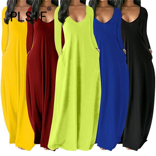 

casual dresses 2021 simple brief long maxi dress autumn solid straight beach vestidos longo, Black;gray