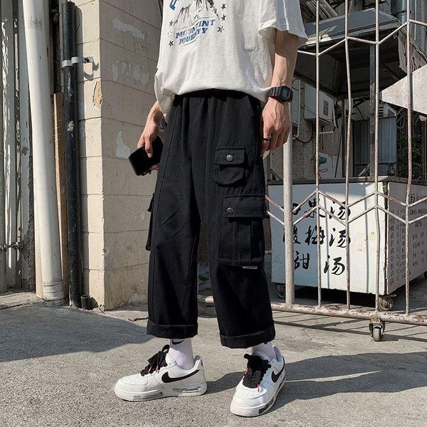 

men's pants cargo men thin loose handsome printed casual straight pant high street male oversized trousers student spring-summer, Black