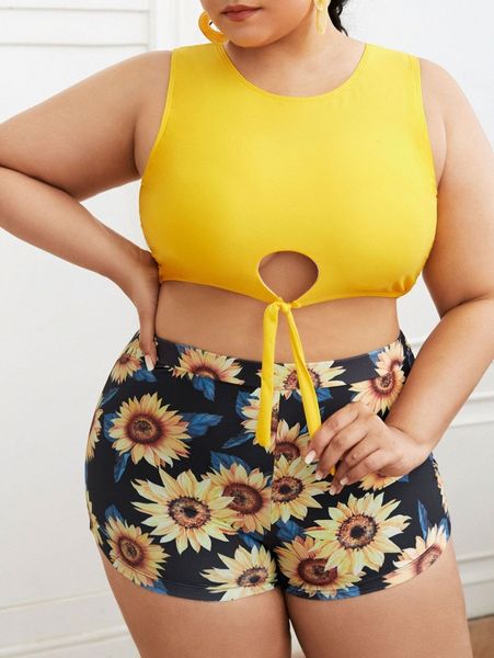 

plus sunflower print knot front bikini swimsuit e3op#, Black
