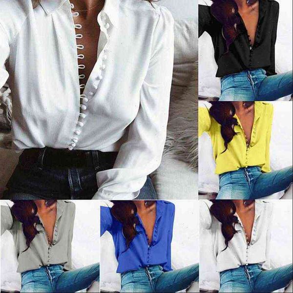 

fashion casual solid long sleeve womens shirt lapel turn down collar regular blusas summer shirts, White