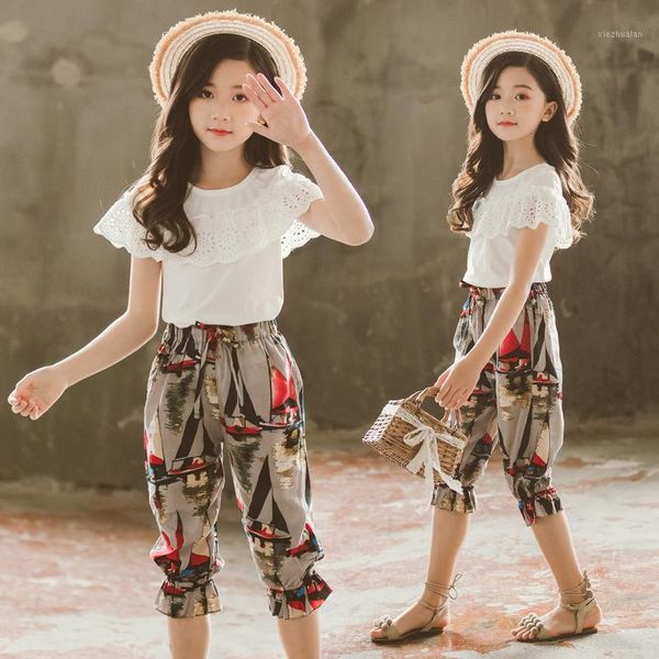 

clothing sets clothes for girls lace short + floral pants 2pcs costume teenage kids summer 6 8 10 12 13 14 year1, White