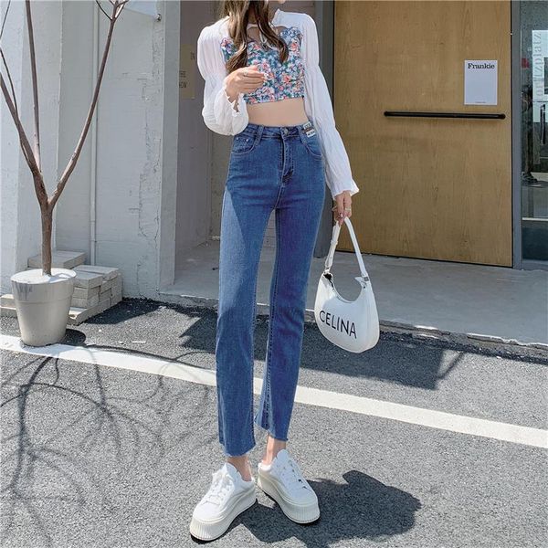 

women's jeans autumn and winter elastic straight back slit stitching edging cigarette pants ankle-length ins, Blue
