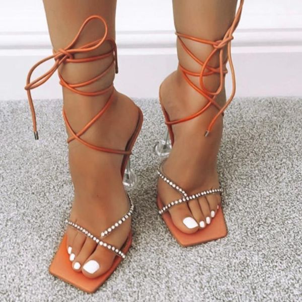 

2021 women's gladiator sandals women crystal flip flop big size woman ankle strap high heel ladies square toe slide female shoes, Black