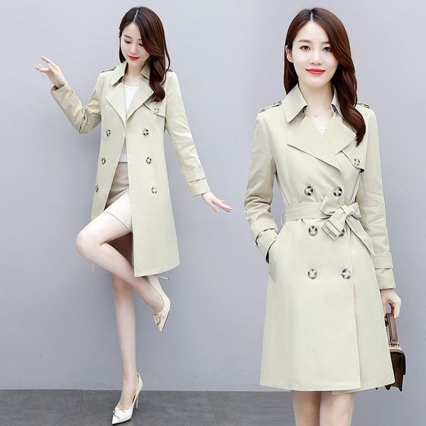 

women's trench coats large casual spring autumn windbreaker, Tan;black