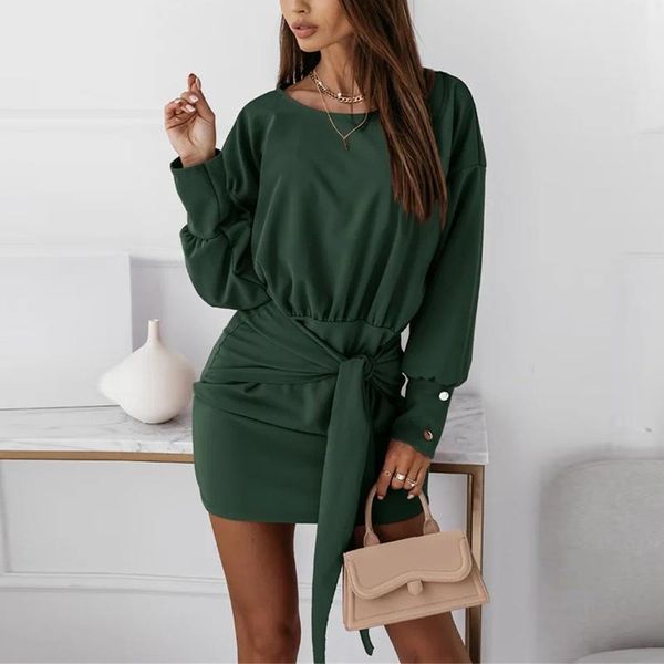 

casual dresses autumn black o neck mini dress women waist knot tie bodycon elegant short long sleeve button 2021 vestidos, Black;gray
