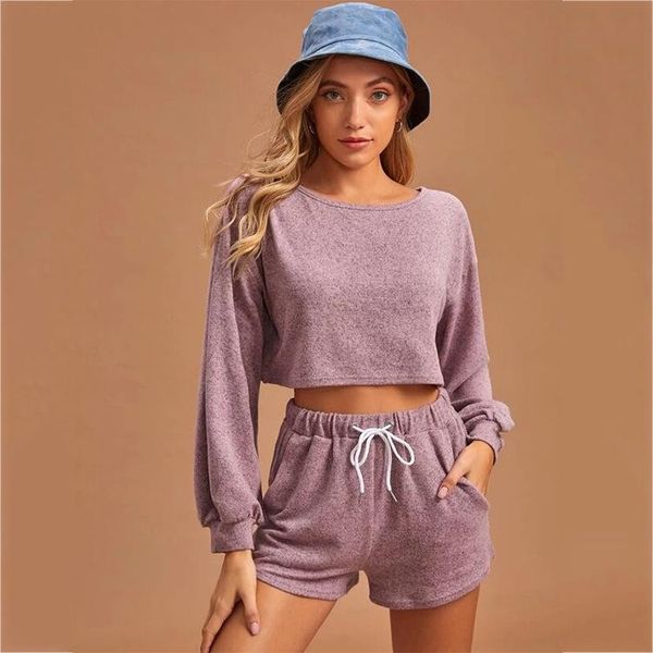 

women's tracksuits women sport suits cropped long sleeve drawstring shorts sportswear casual leisure loose white/pink/grey/black sprin, Gray
